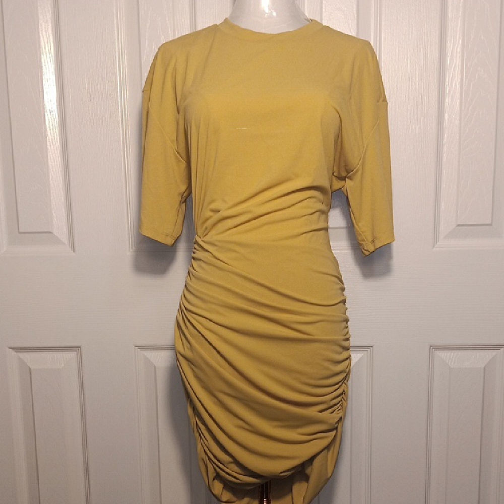 ZARA NWT Draped Ruched T-Shirt Mini Dress Chartreuse Yellow XS - Picture 3 of 16